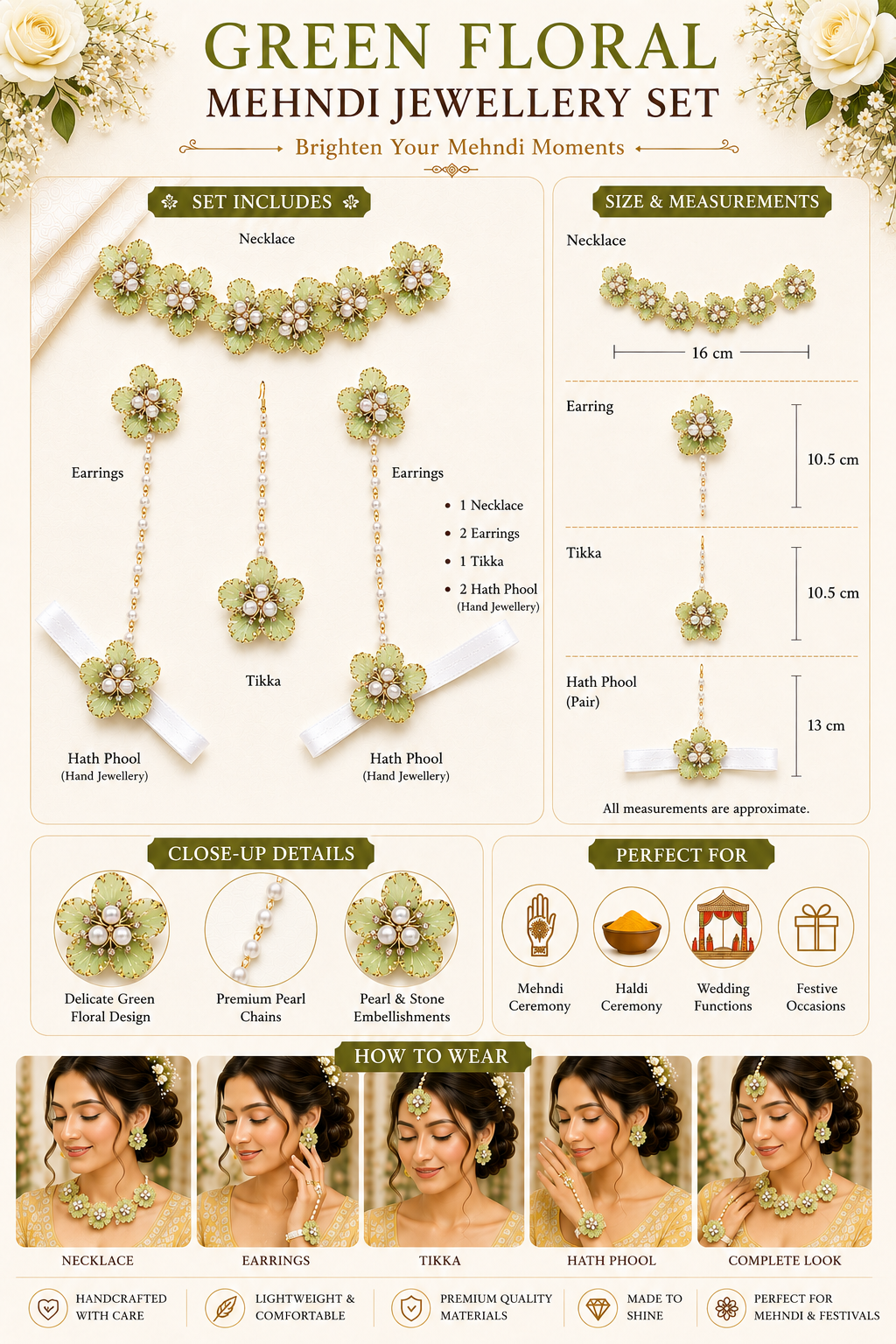 Mint Green Floral Mehndi Jewellery Set with Pearl Beads, Artificial Flower Kaleere, Earrings & Hand Jewellery for Haldi, Wedding & Sangeet