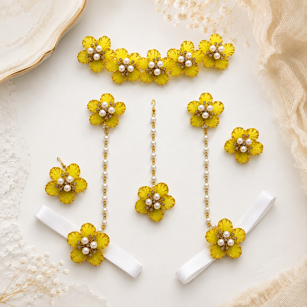 Yellow Floral Mehndi Jewellery Set for Bride with Pearl Beads | Artificial Flower Hand Kaleere for Haldi, Mehndi, Wedding, Sangeet & Bridal Photoshoots
