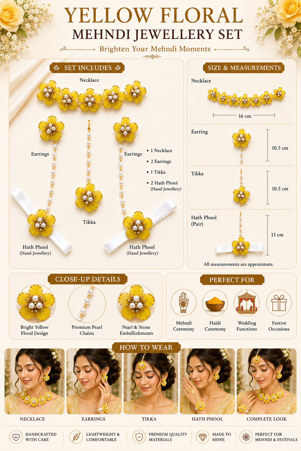 Yellow Floral Mehndi Jewellery Set for Bride with Pearl Beads | Artificial Flower Hand Kaleere for Haldi, Mehndi, Wedding, Sangeet & Bridal Photoshoots
