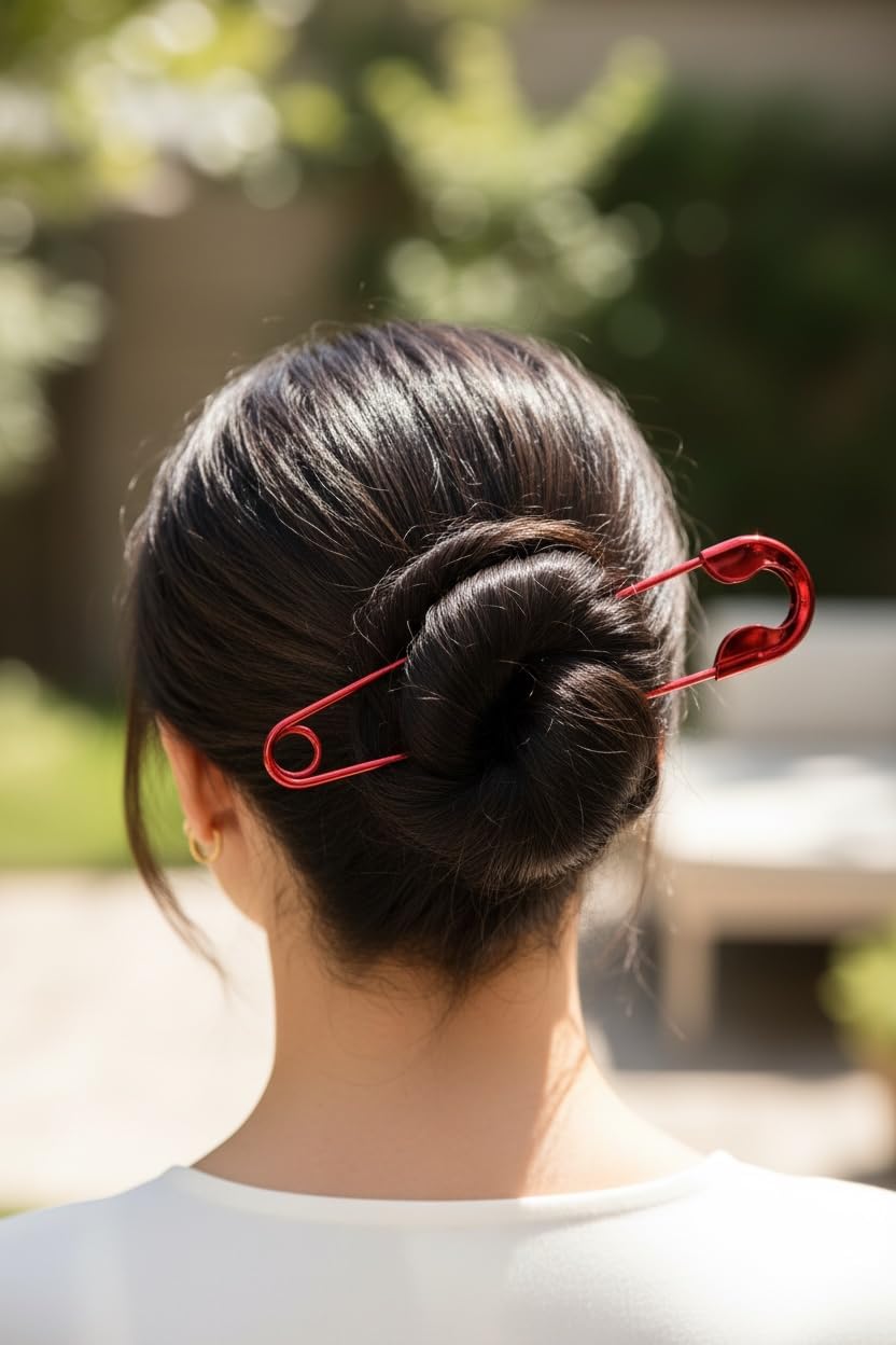 Red Juda Pin for Women and Girls, Large Safety Pin, Metal Hair Pin for Bun Styling, for Saree, Dupatta and Juda