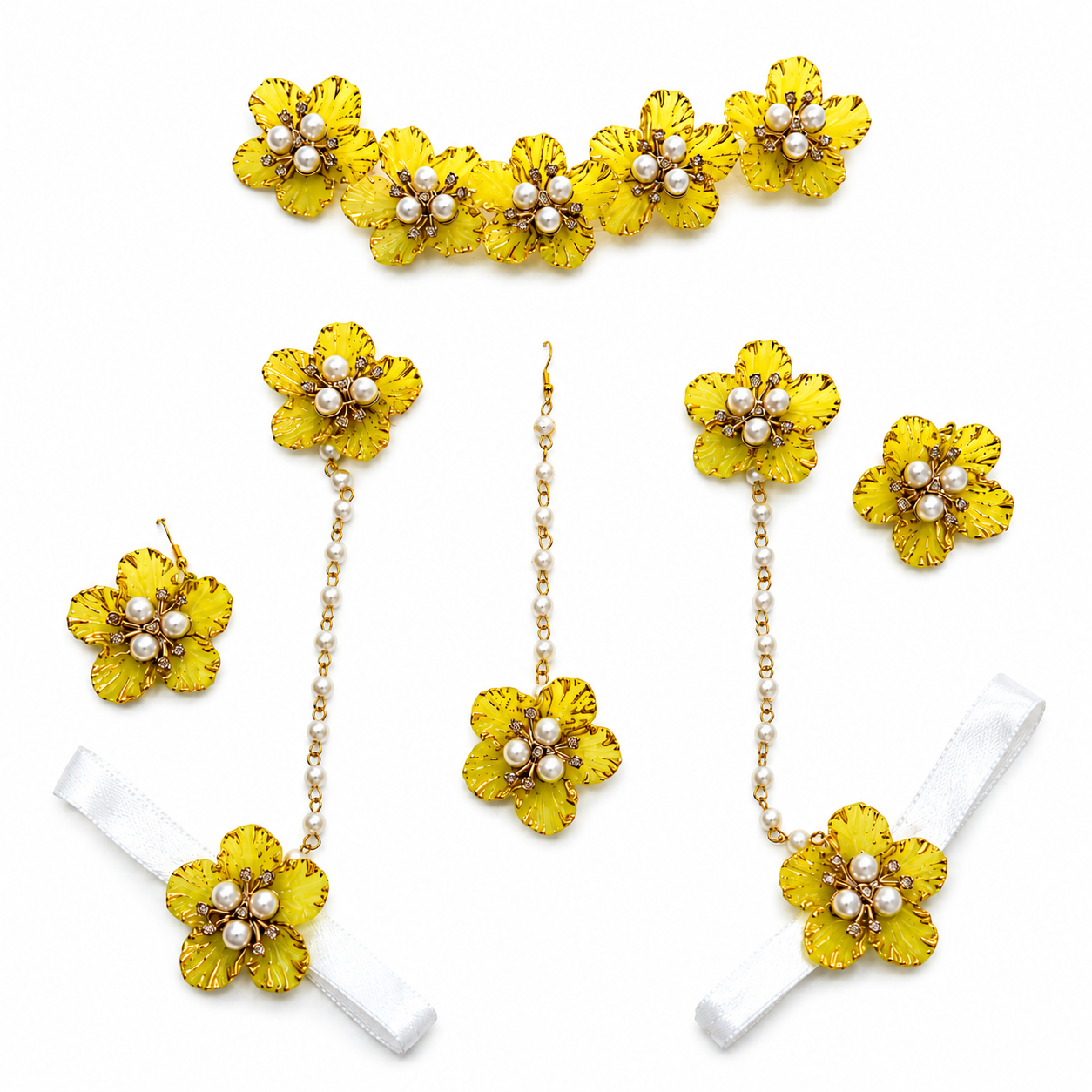 Yellow Floral Mehndi Jewellery Set for Bride with Pearl Beads | Artificial Flower Hand Kaleere for Haldi, Mehndi, Wedding, Sangeet & Bridal Photoshoots