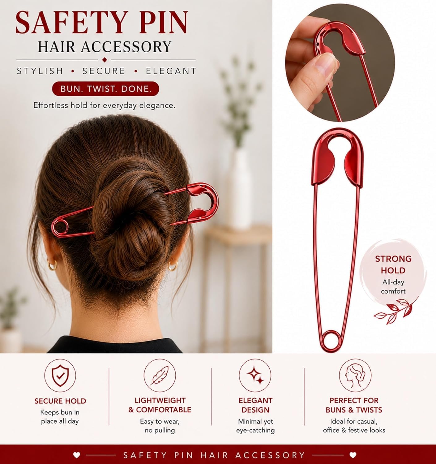 Red Juda Pin for Women and Girls, Large Safety Pin, Metal Hair Pin for Bun Styling, for Saree, Dupatta and Juda