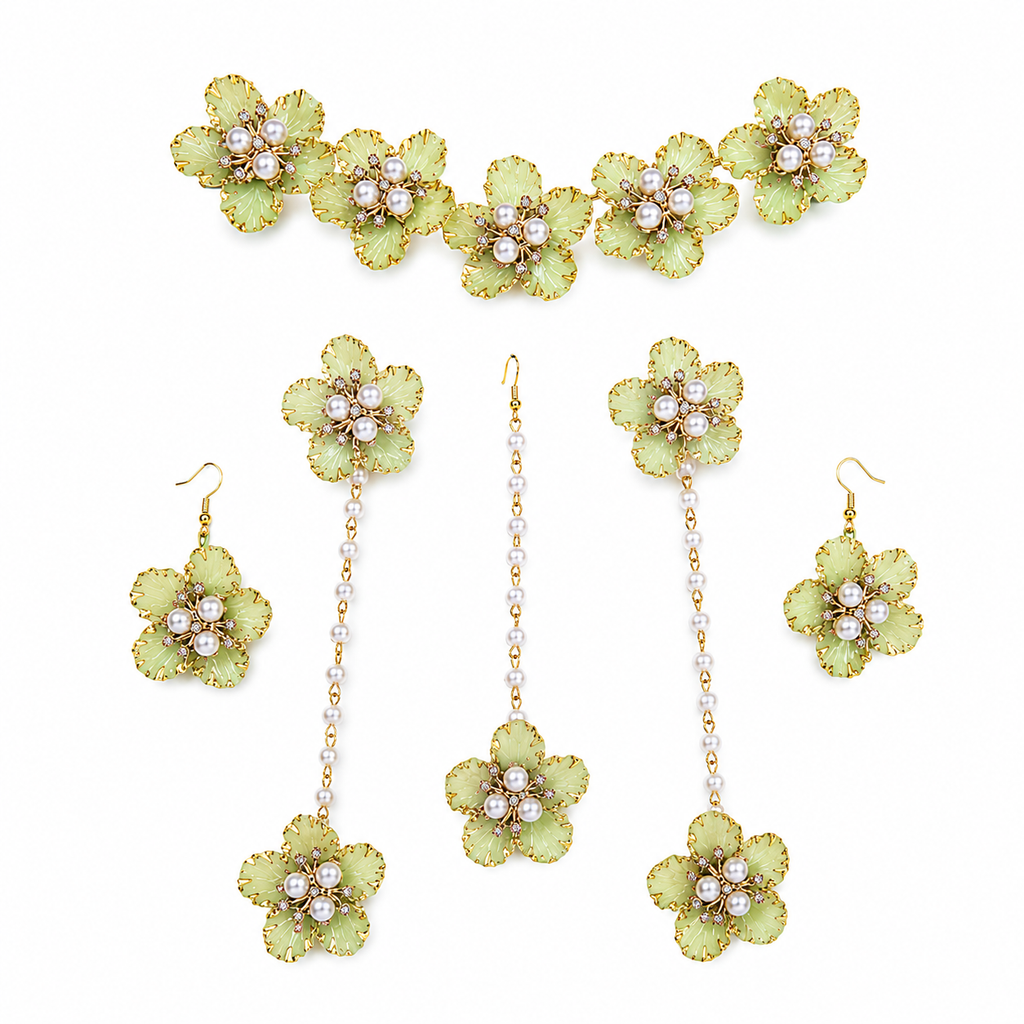 Mint Green Floral Mehndi Jewellery Set with Pearl Beads, Artificial Flower Kaleere, Earrings & Hand Jewellery for Haldi, Wedding & Sangeet