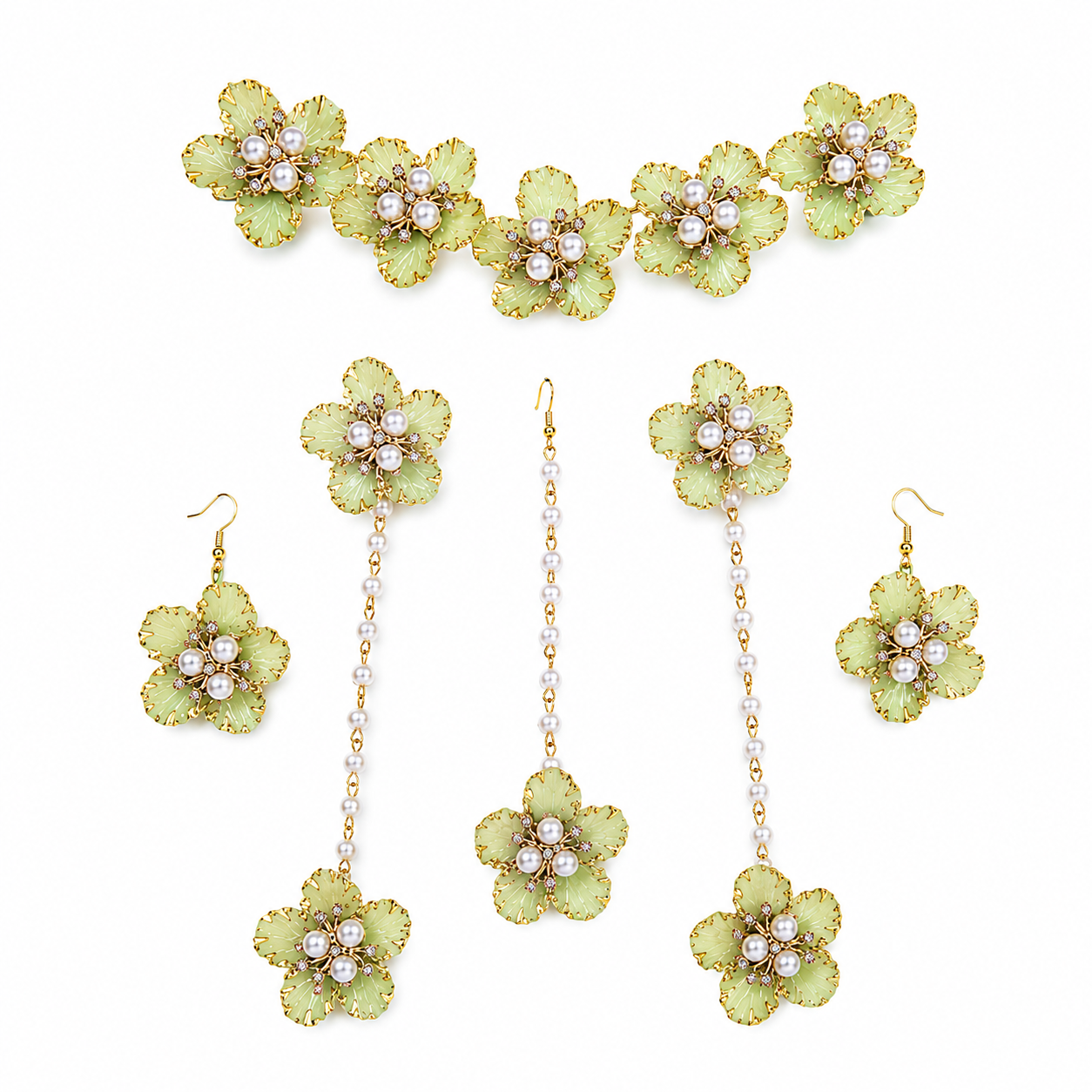 Mint Green Floral Mehndi Jewellery Set with Pearl Beads, Artificial Flower Kaleere, Earrings & Hand Jewellery for Haldi, Wedding & Sangeet
