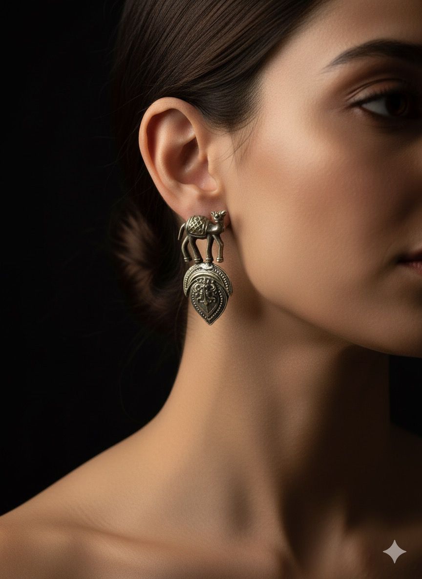 Arabic Camel Oxidized Silver Dangle Earrings – Dual-Tone Ethnic Design