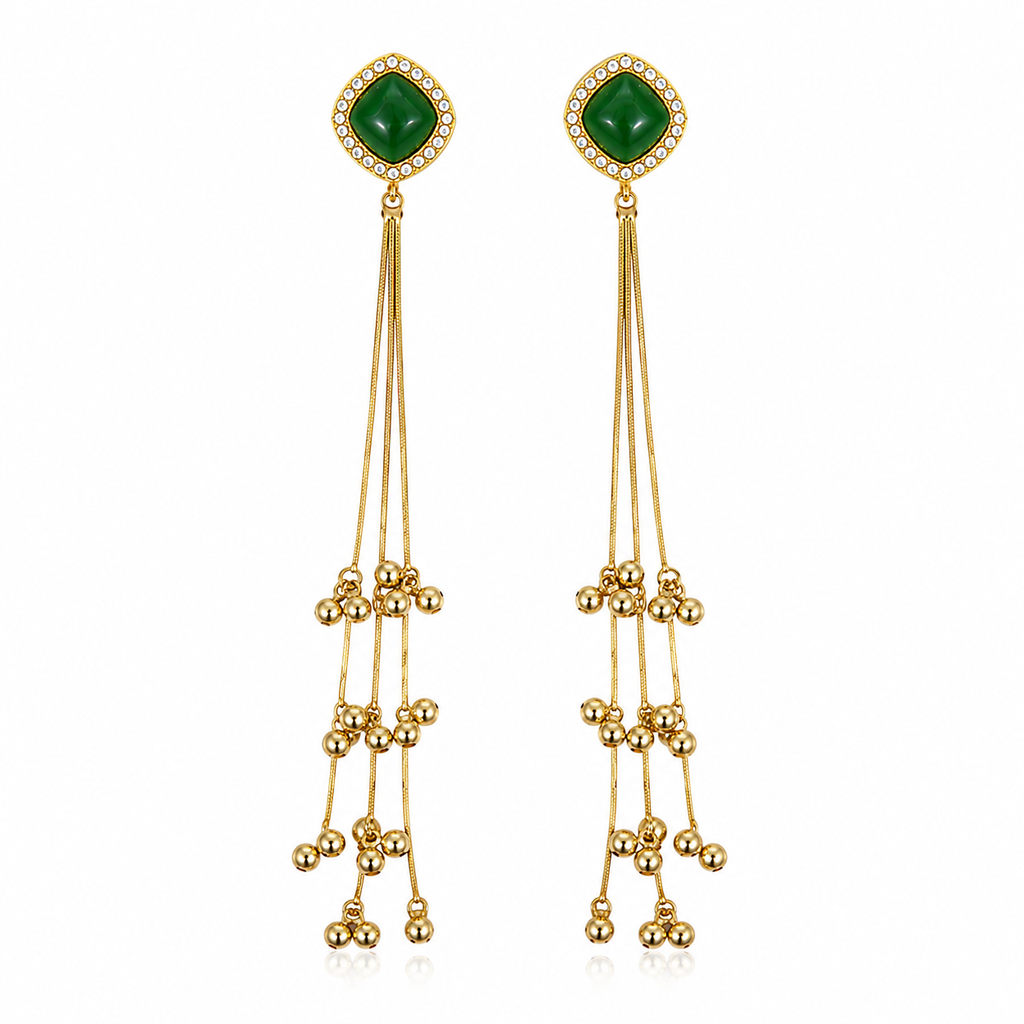 Kashmiri Double Stone Dark Green Long Tassel Earrings, Gold Plated, Crystal Studded Dangler, Ethnic Jewellery for Women