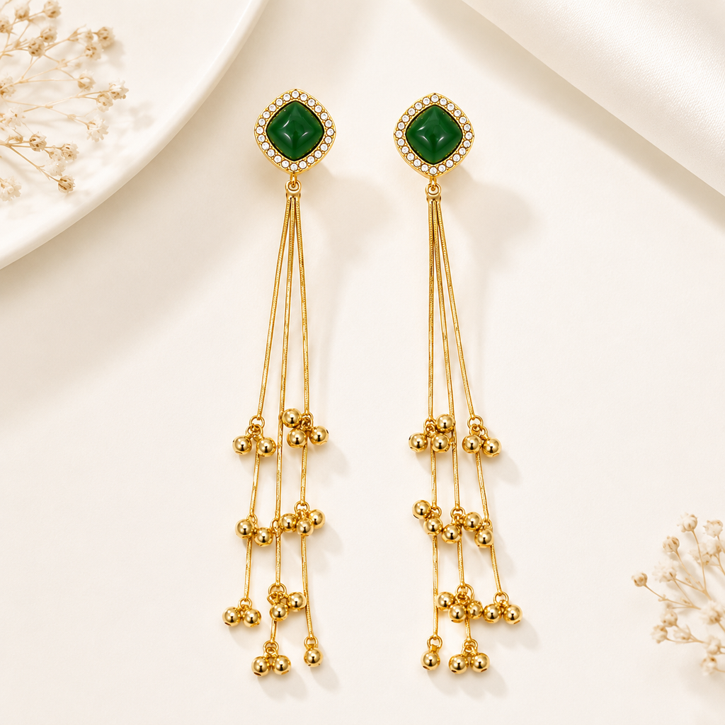 Kashmiri Double Stone Dark Green Long Tassel Earrings, Gold Plated, Crystal Studded Dangler, Ethnic Jewellery for Women