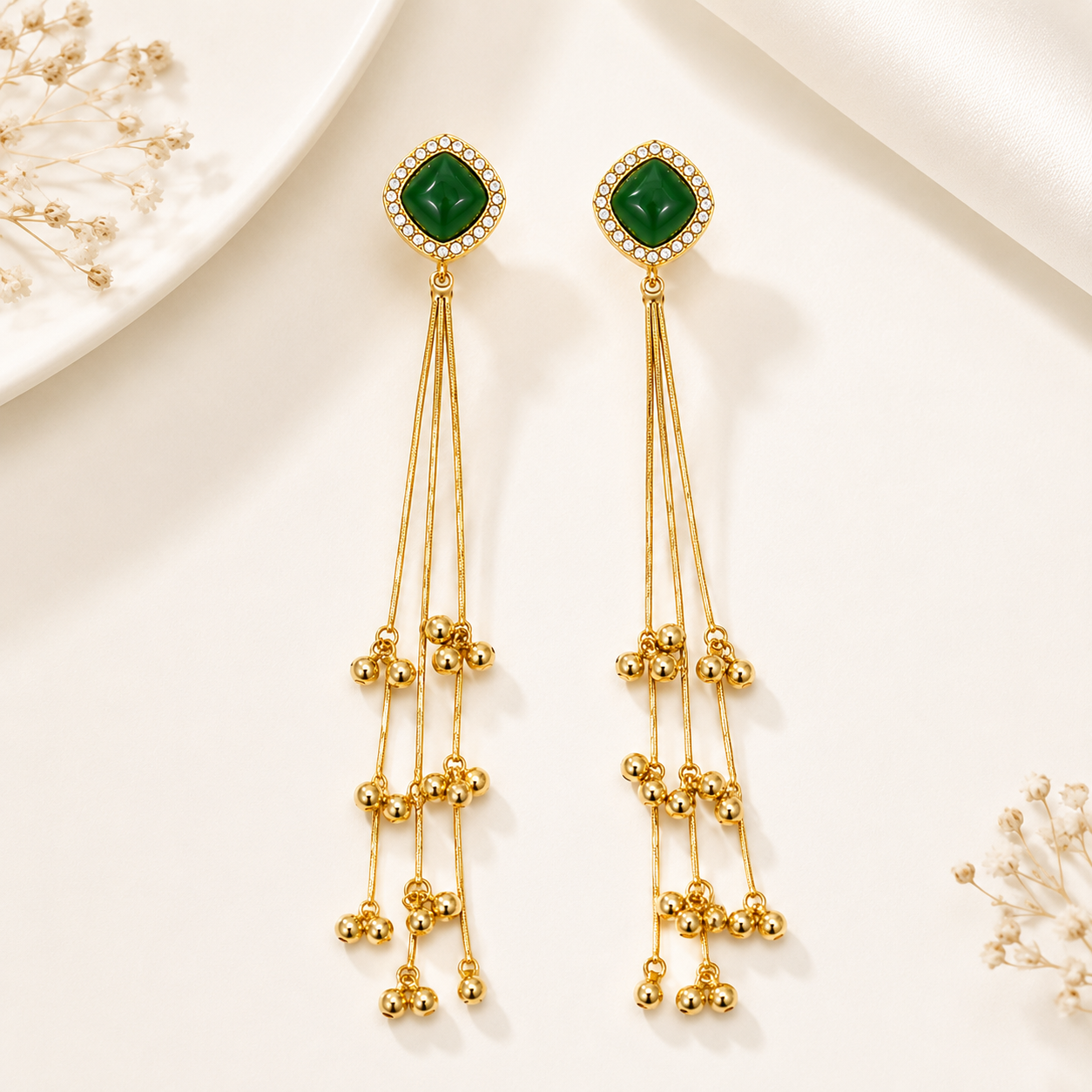 Kashmiri Double Stone Dark Green Long Tassel Earrings, Gold Plated, Crystal Studded Dangler, Ethnic Jewellery for Women