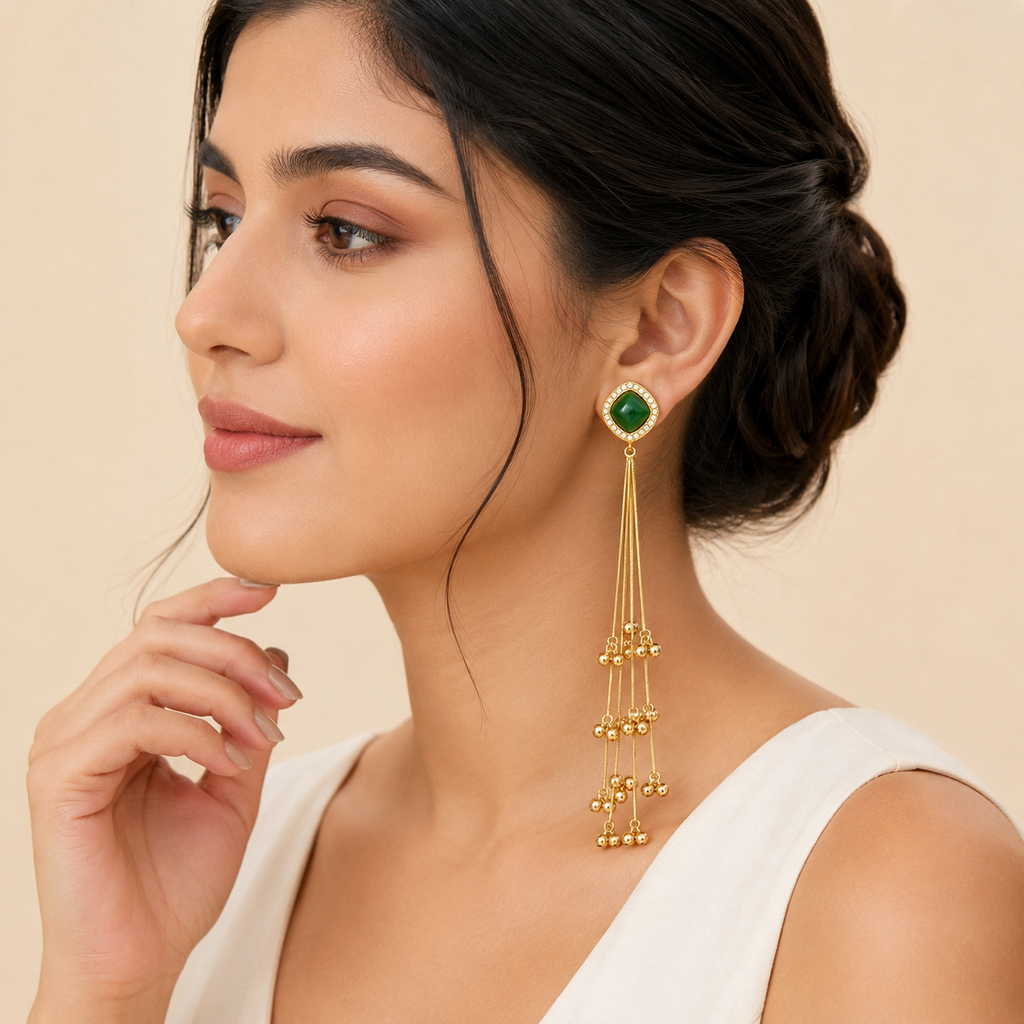 Kashmiri Double Stone Dark Green Long Tassel Earrings, Gold Plated, Crystal Studded Dangler, Ethnic Jewellery for Women