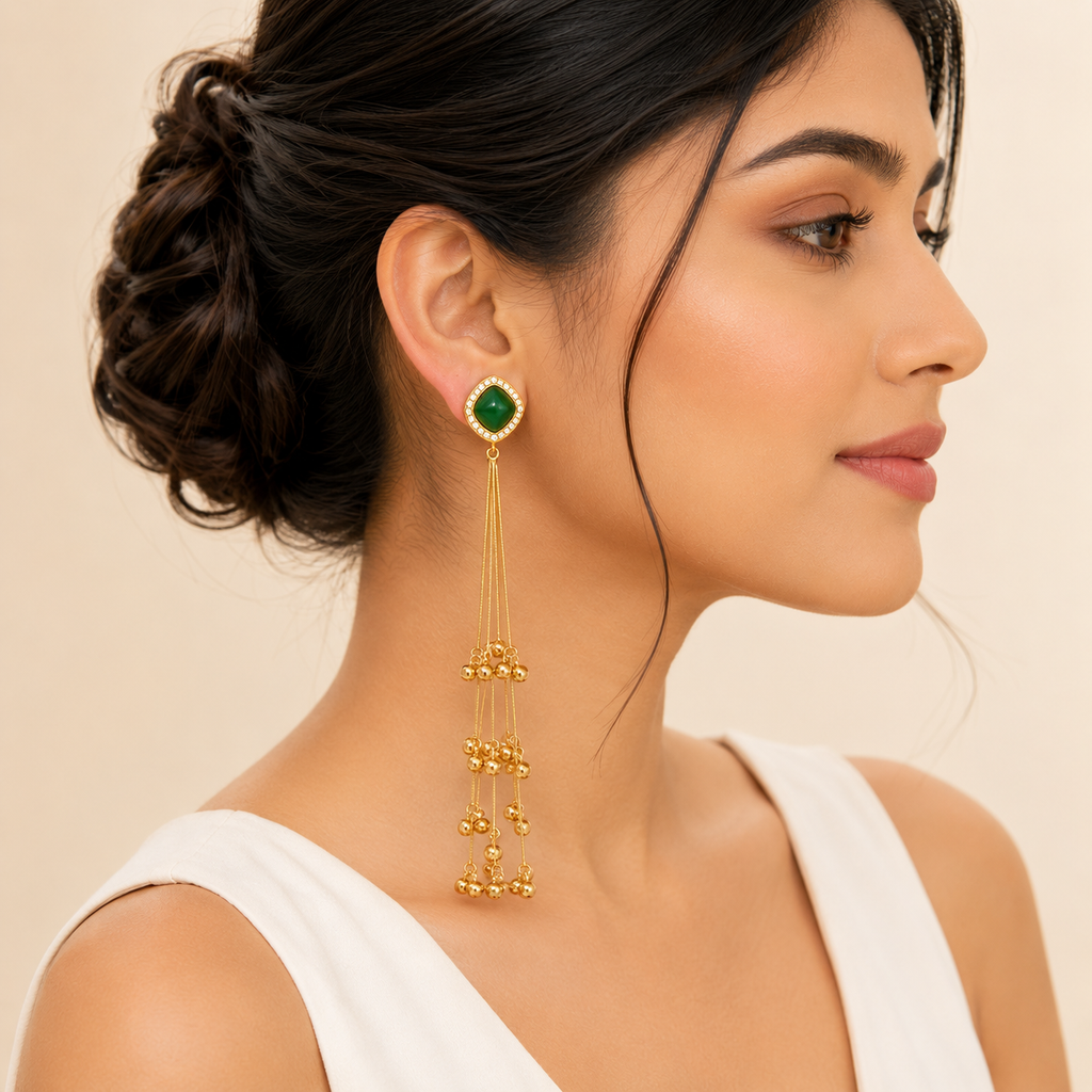 Kashmiri Double Stone Dark Green Long Tassel Earrings, Gold Plated, Crystal Studded Dangler, Ethnic Jewellery for Women