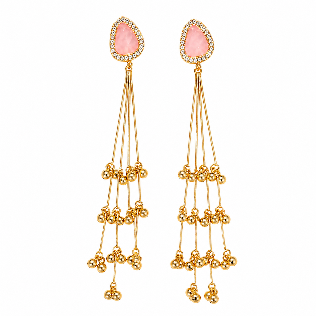Pink Stone Long Tassel Drop Earrings, Gold Plated, Crystal Studded Teardrop Design, Dangler, for Women and Girls, Party Wedding Traditional Jewelry