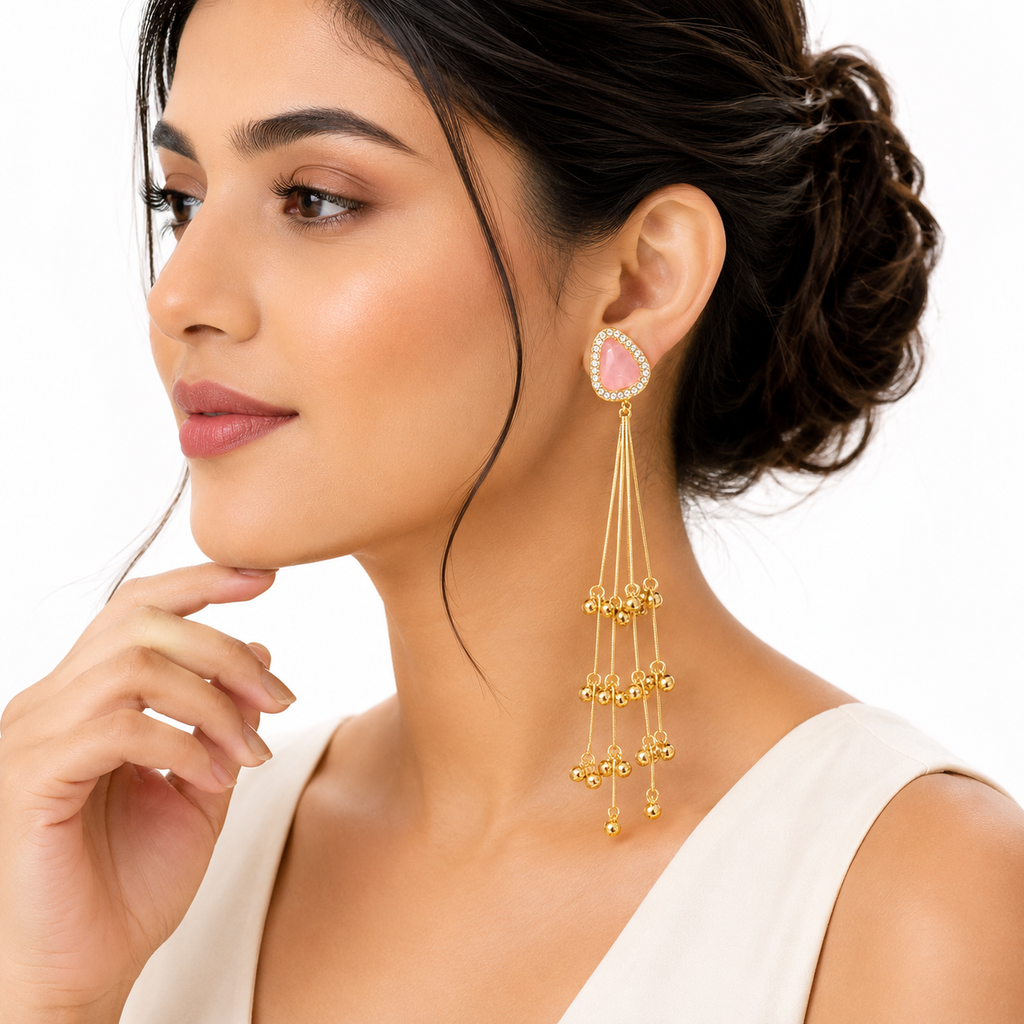 Pink Stone Long Tassel Drop Earrings, Gold Plated, Crystal Studded Teardrop Design, Dangler, for Women and Girls, Party Wedding Traditional Jewelry