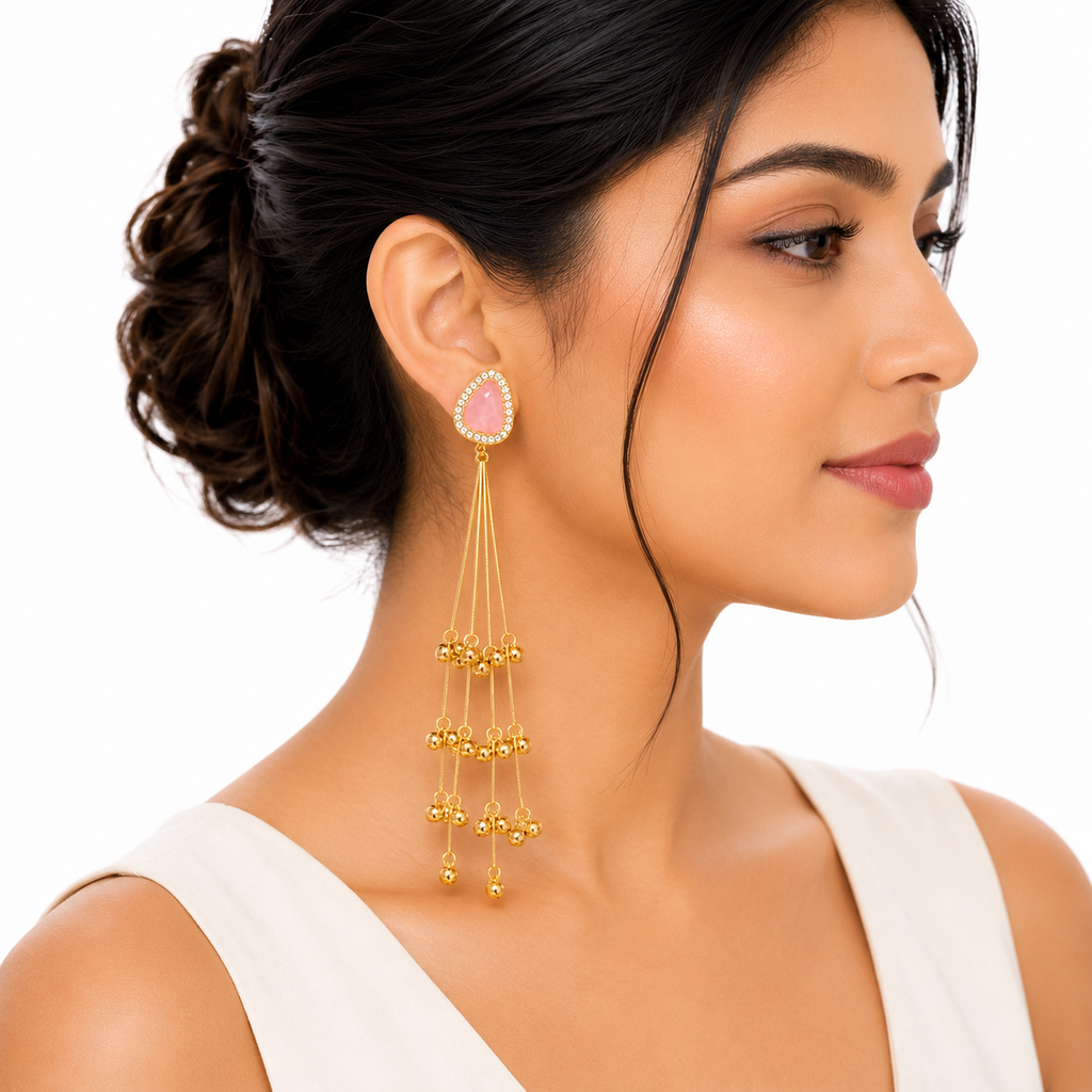 Pink Stone Long Tassel Drop Earrings, Gold Plated, Crystal Studded Teardrop Design, Dangler, for Women and Girls, Party Wedding Traditional Jewelry