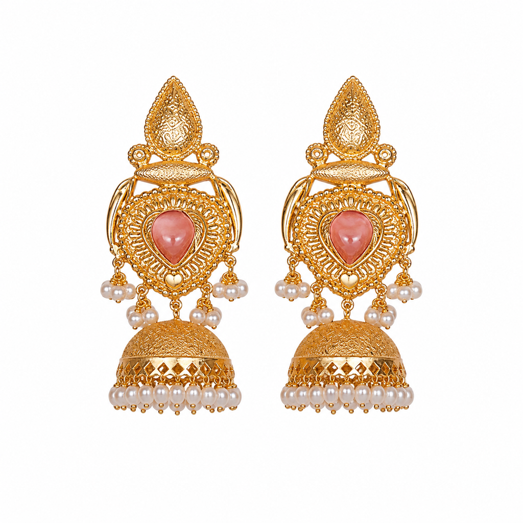 Traditional Gold-Plated Jhumka Earrings with Pink Stone & Pearl Drops | Ethnic Jewelry