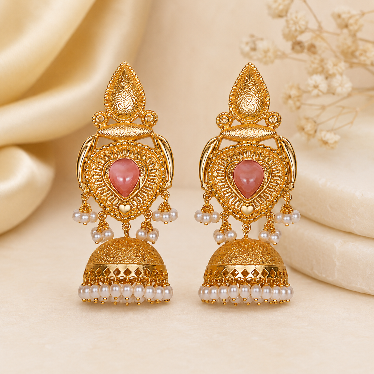 Traditional Gold-Plated Jhumka Earrings with Pink Stone & Pearl Drops | Ethnic Jewelry