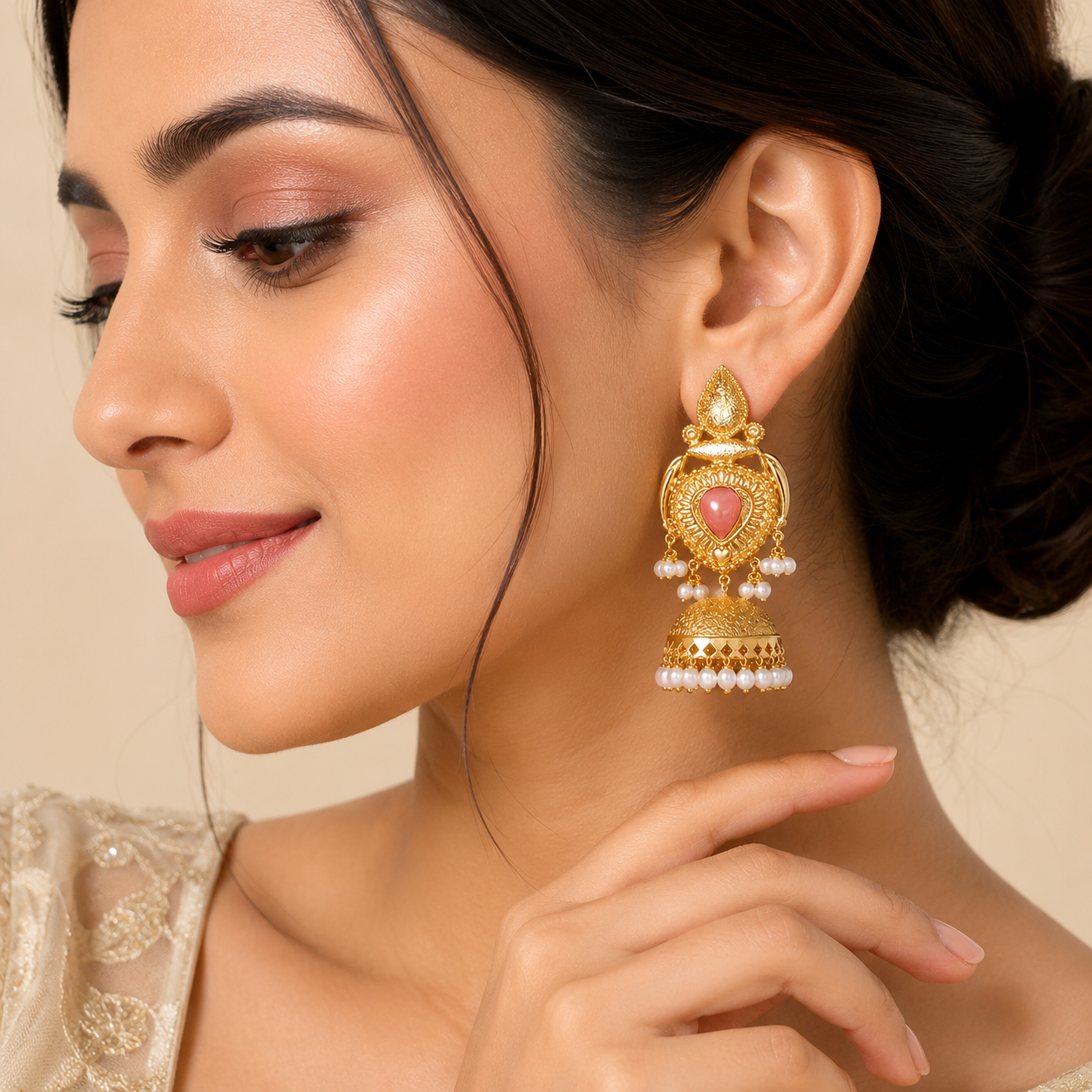 Traditional Gold-Plated Jhumka Earrings with Pink Stone & Pearl Drops | Ethnic Jewelry