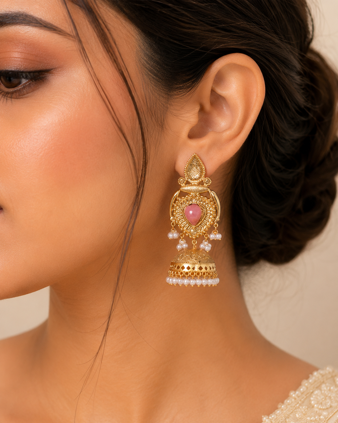Traditional Gold-Plated Jhumka Earrings with Pink Stone & Pearl Drops | Ethnic Jewelry