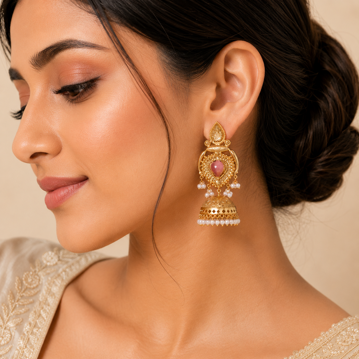 Traditional Gold-Plated Jhumka Earrings with Pink Stone & Pearl Drops | Ethnic Jewelry