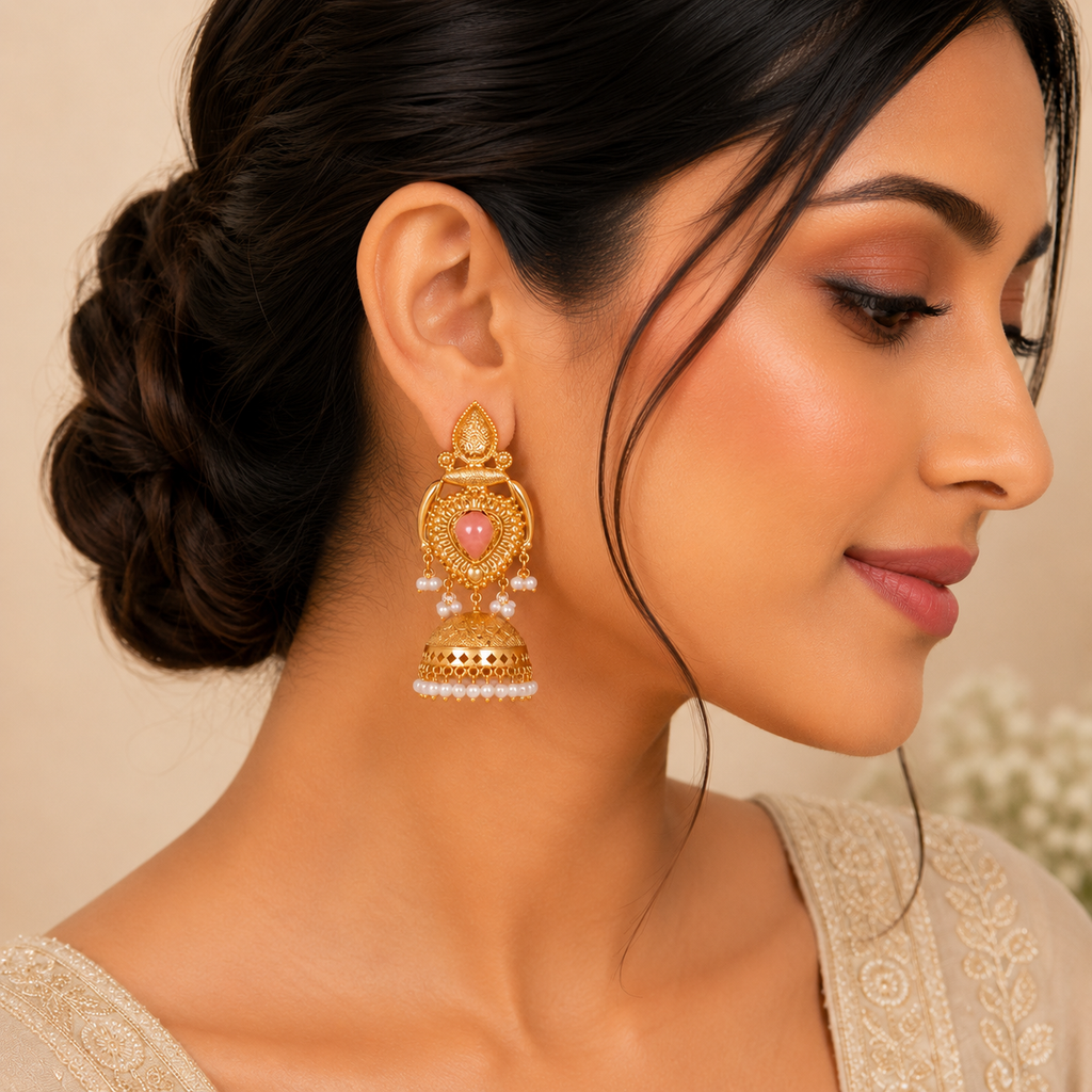 Traditional Gold-Plated Jhumka Earrings with Pink Stone & Pearl Drops | Ethnic Jewelry