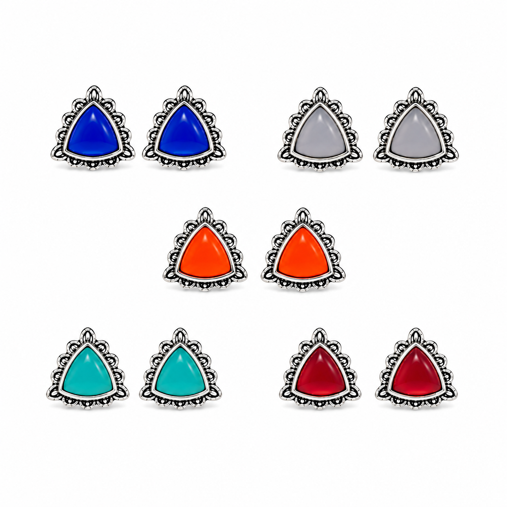 Pack of 5 Multicolor Triangle Stud Earrings | Bohemian Oxidized Silver Jewelry