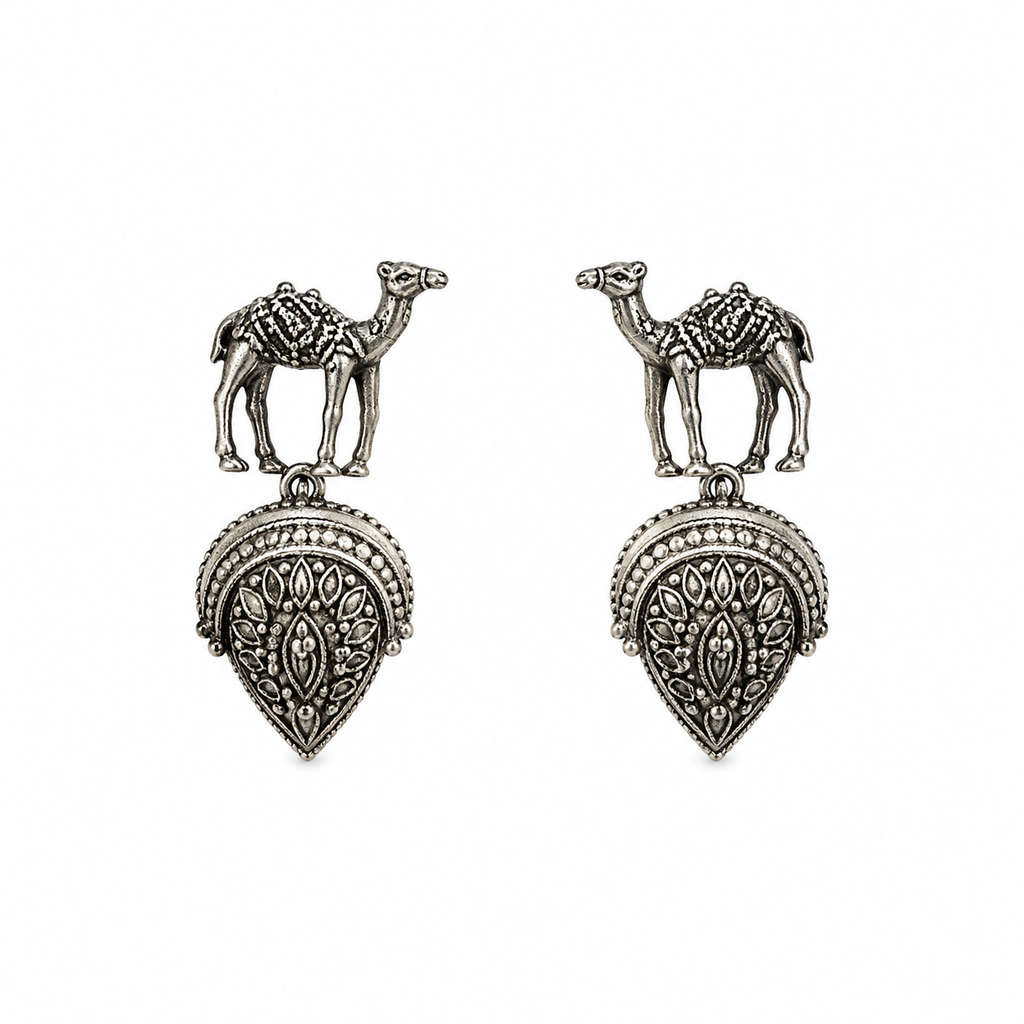 Arabic Camel Oxidized Silver Dangle Earrings – Dual-Tone Ethnic Design