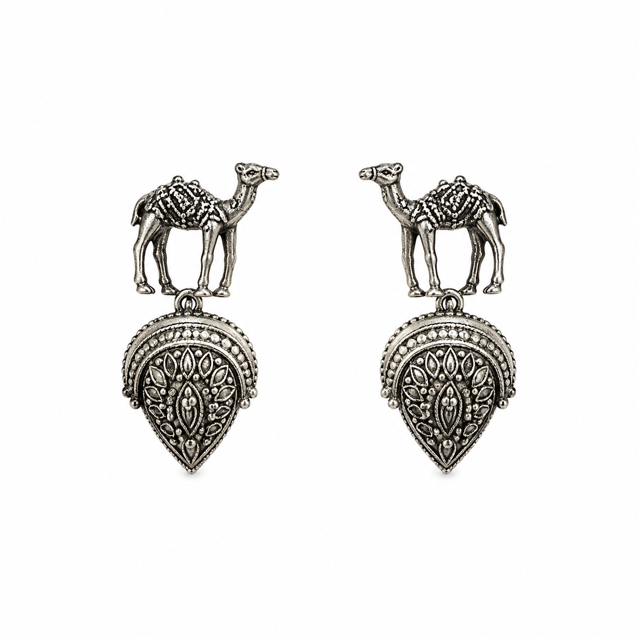 Arabic Camel Oxidized Silver Dangle Earrings – Dual-Tone Ethnic Design