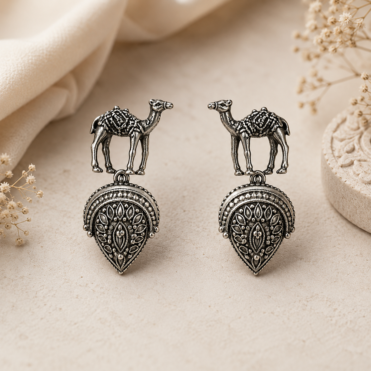 Arabic Camel Oxidized Silver Dangle Earrings – Dual-Tone Ethnic Design