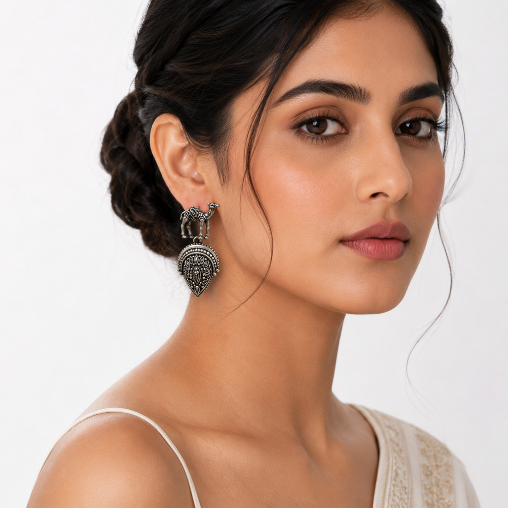 Arabic Camel Oxidized Silver Dangle Earrings – Dual-Tone Ethnic Design