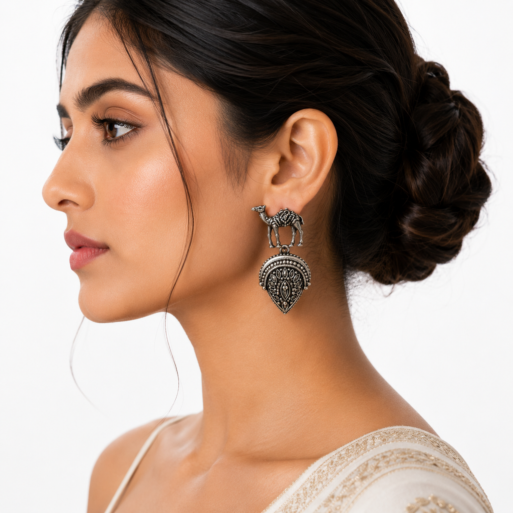 Arabic Camel Oxidized Silver Dangle Earrings – Dual-Tone Ethnic Design