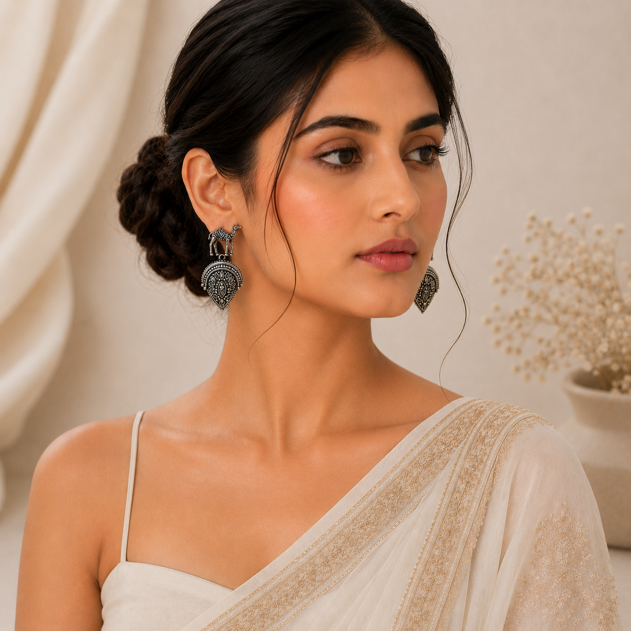 Arabic Camel Oxidized Silver Dangle Earrings – Dual-Tone Ethnic Design