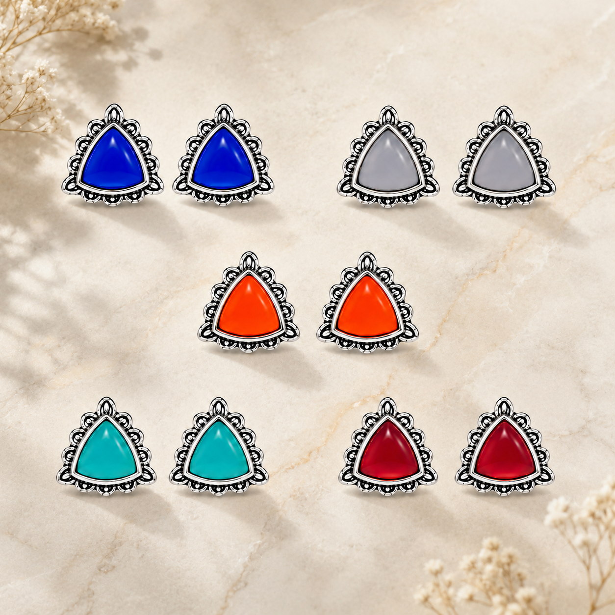 Pack of 5 Multicolor Triangle Stud Earrings | Bohemian Oxidized Silver Jewelry