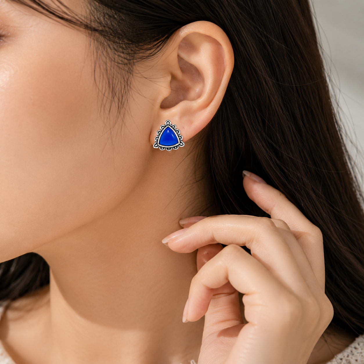 Pack of 5 Multicolor Triangle Stud Earrings | Bohemian Oxidized Silver Jewelry