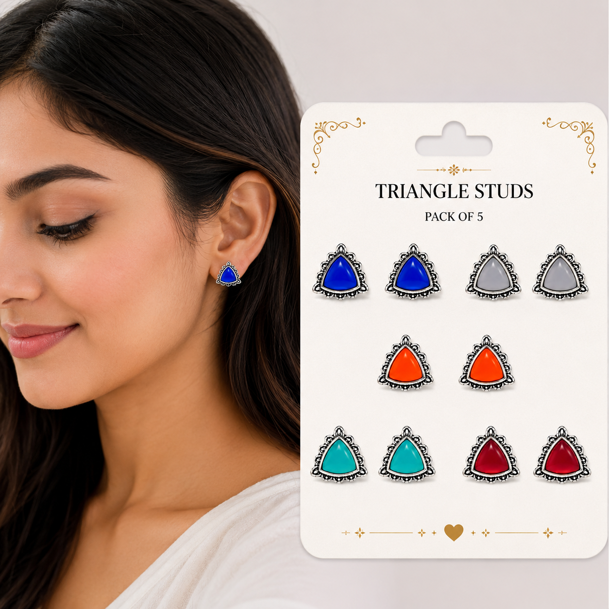Pack of 5 Multicolor Triangle Stud Earrings | Bohemian Oxidized Silver Jewelry