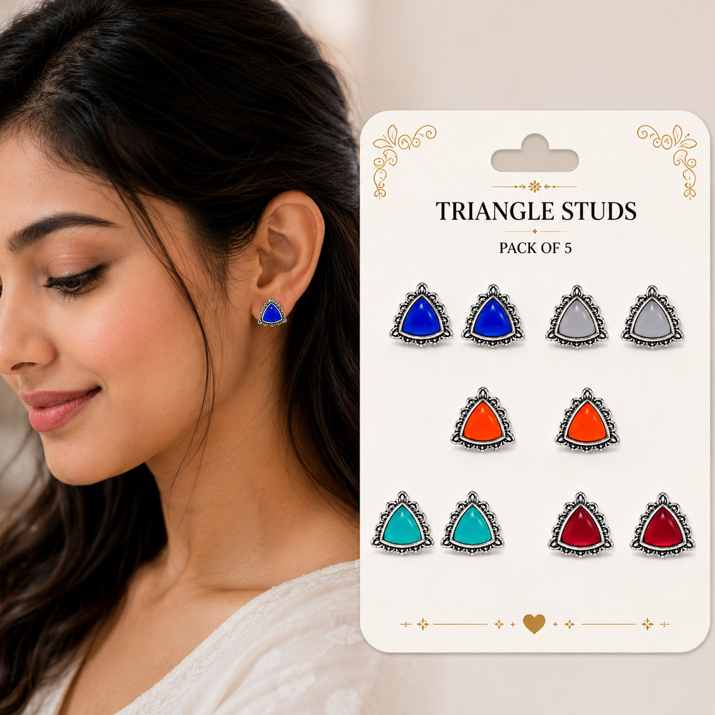 Pack of 5 Multicolor Triangle Stud Earrings | Bohemian Oxidized Silver Jewelry