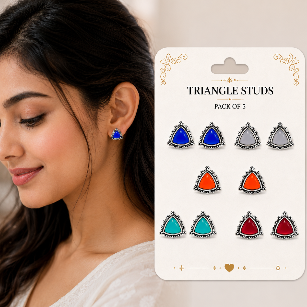 Pack of 5 Multicolor Triangle Stud Earrings | Bohemian Oxidized Silver Jewelry