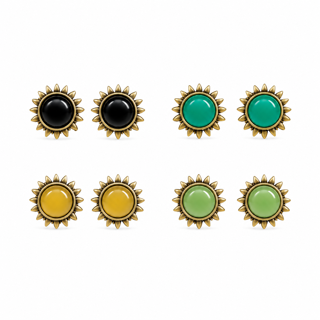 Pack of 4 Multicolor Sunburst Stud Earrings | Ethnic Gold-Tone Jewelry Set