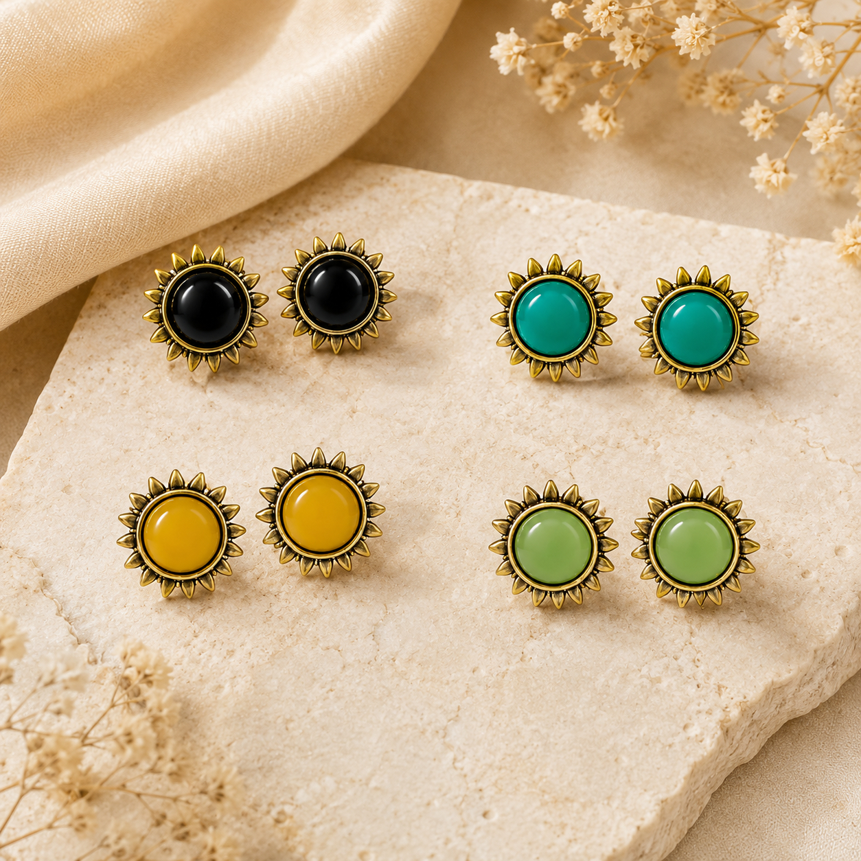 Pack of 4 Multicolor Sunburst Stud Earrings | Ethnic Gold-Tone Jewelry Set