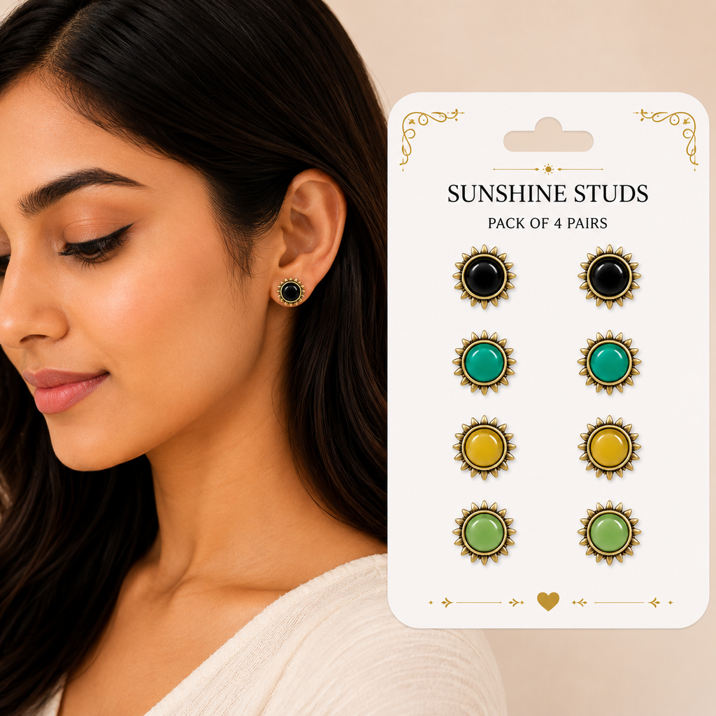 Pack of 4 Multicolor Sunburst Stud Earrings | Ethnic Gold-Tone Jewelry Set