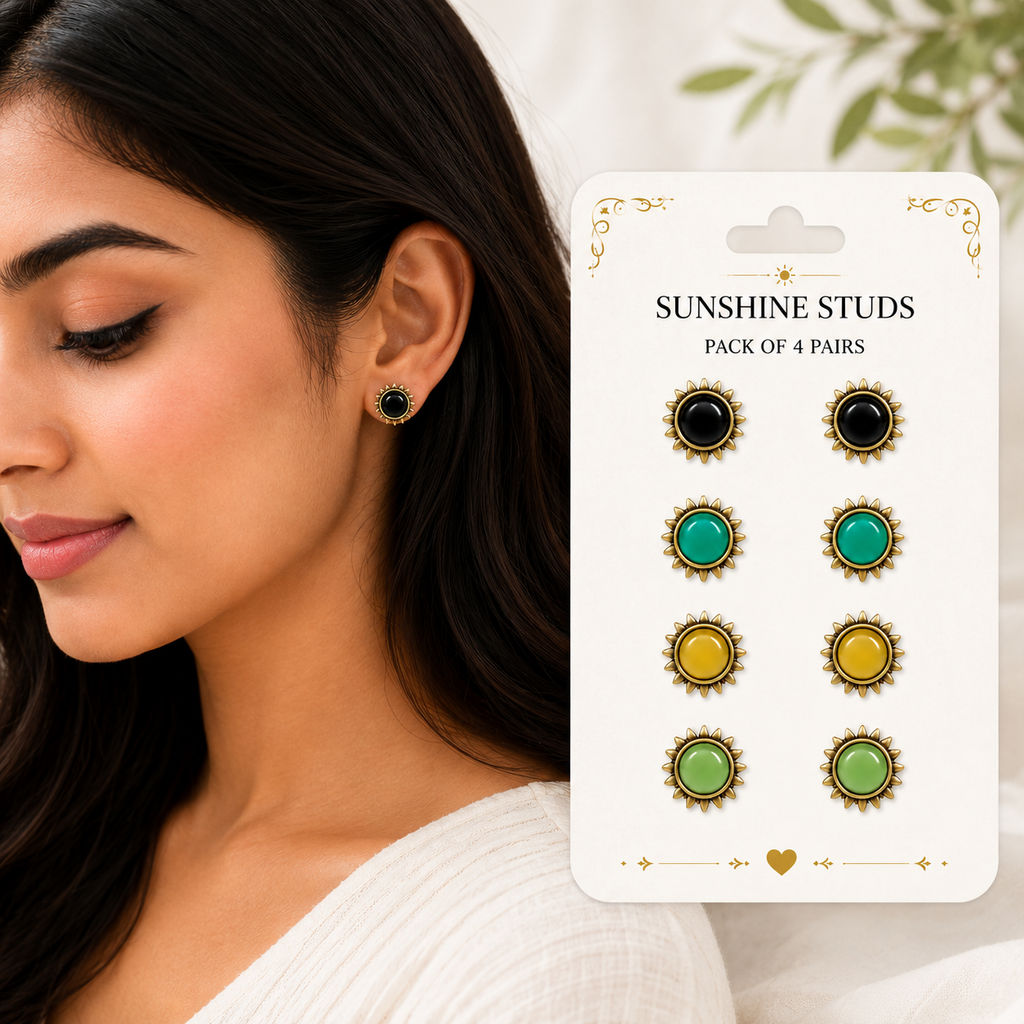 Pack of 4 Multicolor Sunburst Stud Earrings | Ethnic Gold-Tone Jewelry Set