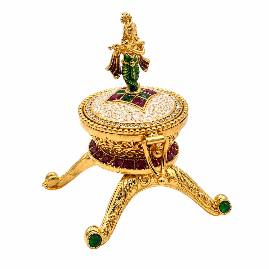 Decorative Lord Krishna Trinket Box | Ornate Gold-Plated Jewelry Organizer