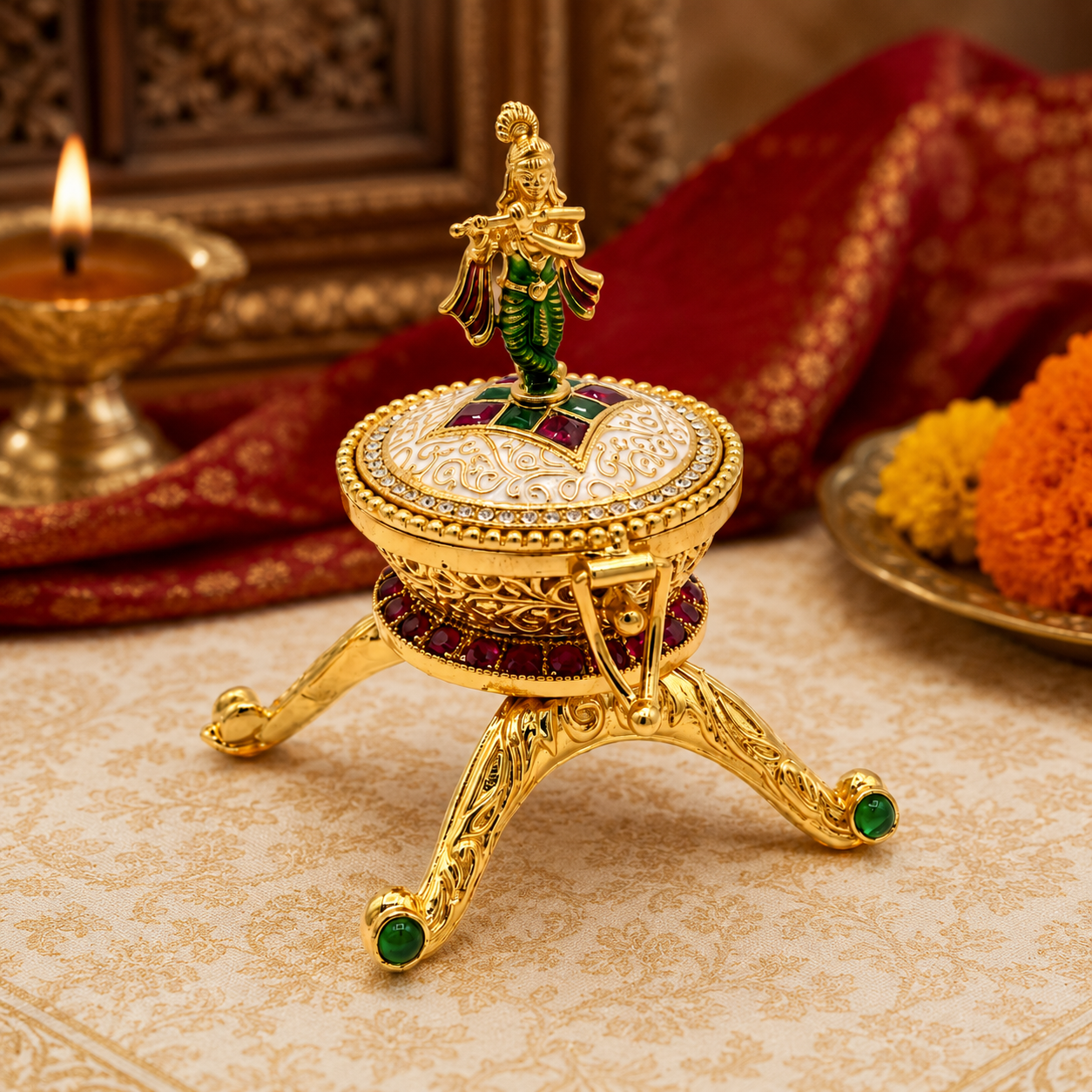Decorative Lord Krishna Trinket Box | Ornate Gold-Plated Jewelry Organizer
