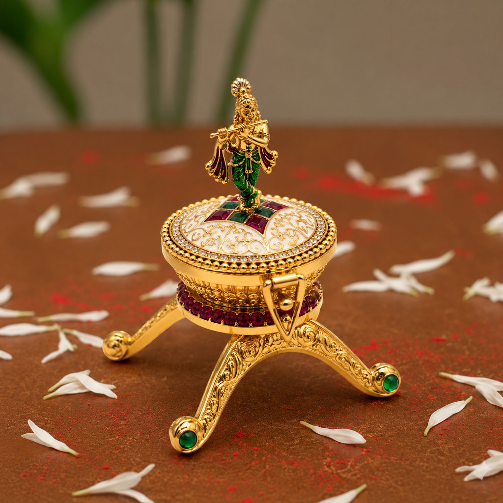 Decorative Lord Krishna Trinket Box | Ornate Gold-Plated Jewelry Organizer