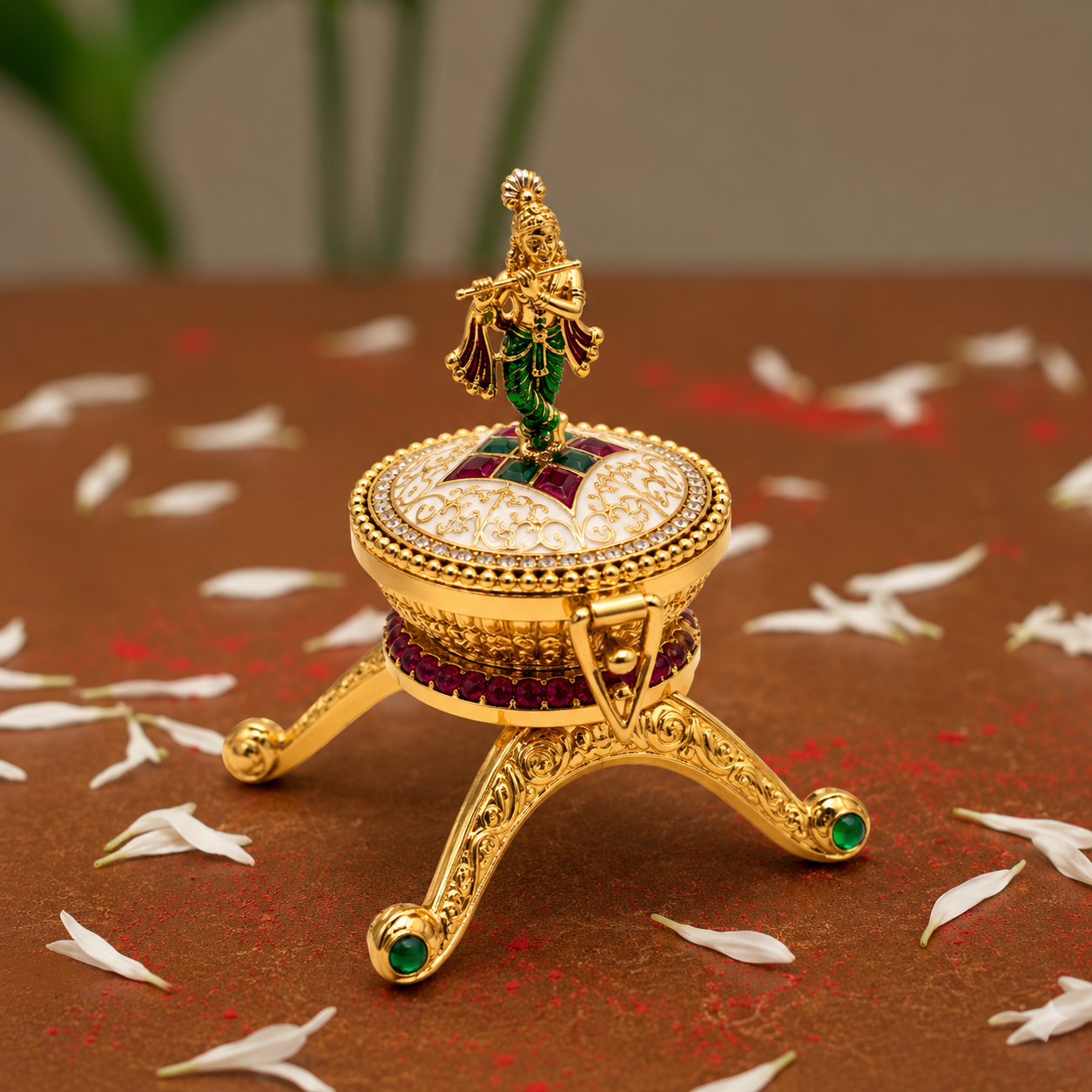 Decorative Lord Krishna Trinket Box | Ornate Gold-Plated Jewelry Organizer