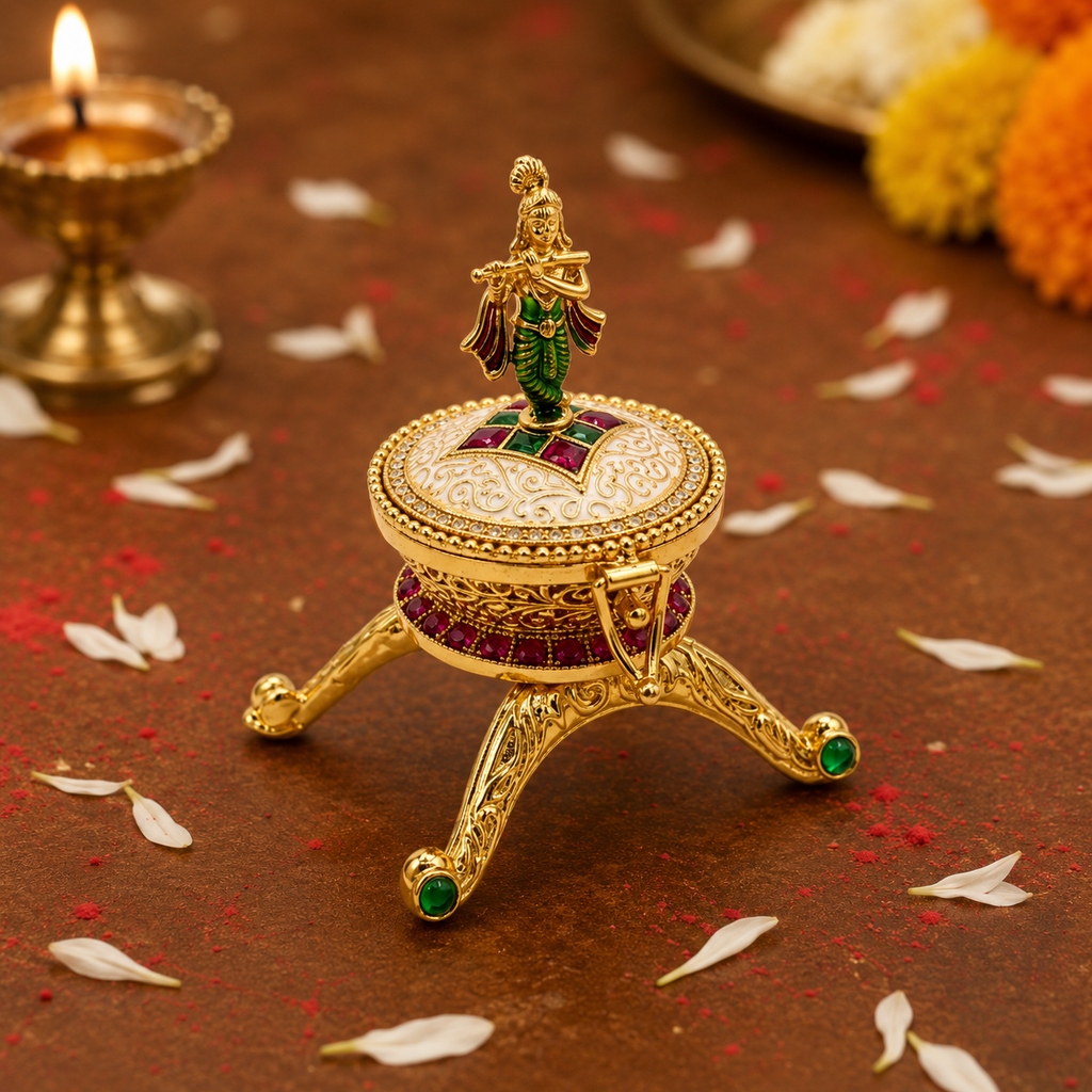 Decorative Lord Krishna Trinket Box | Ornate Gold-Plated Jewelry Organizer