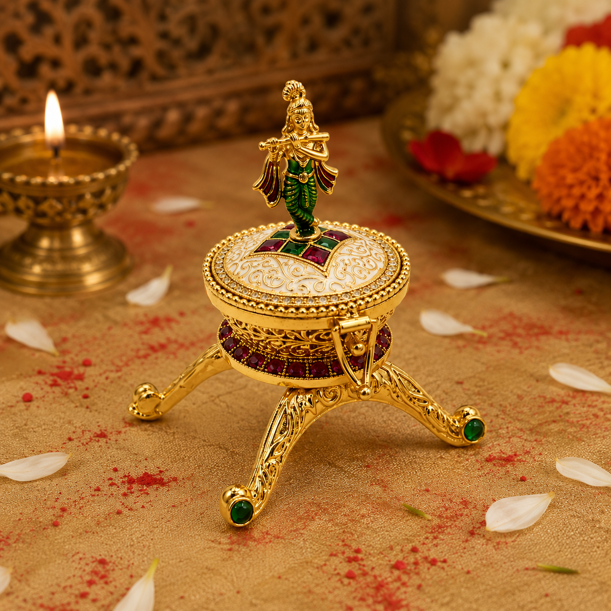 Decorative Lord Krishna Trinket Box | Ornate Gold-Plated Jewelry Organizer