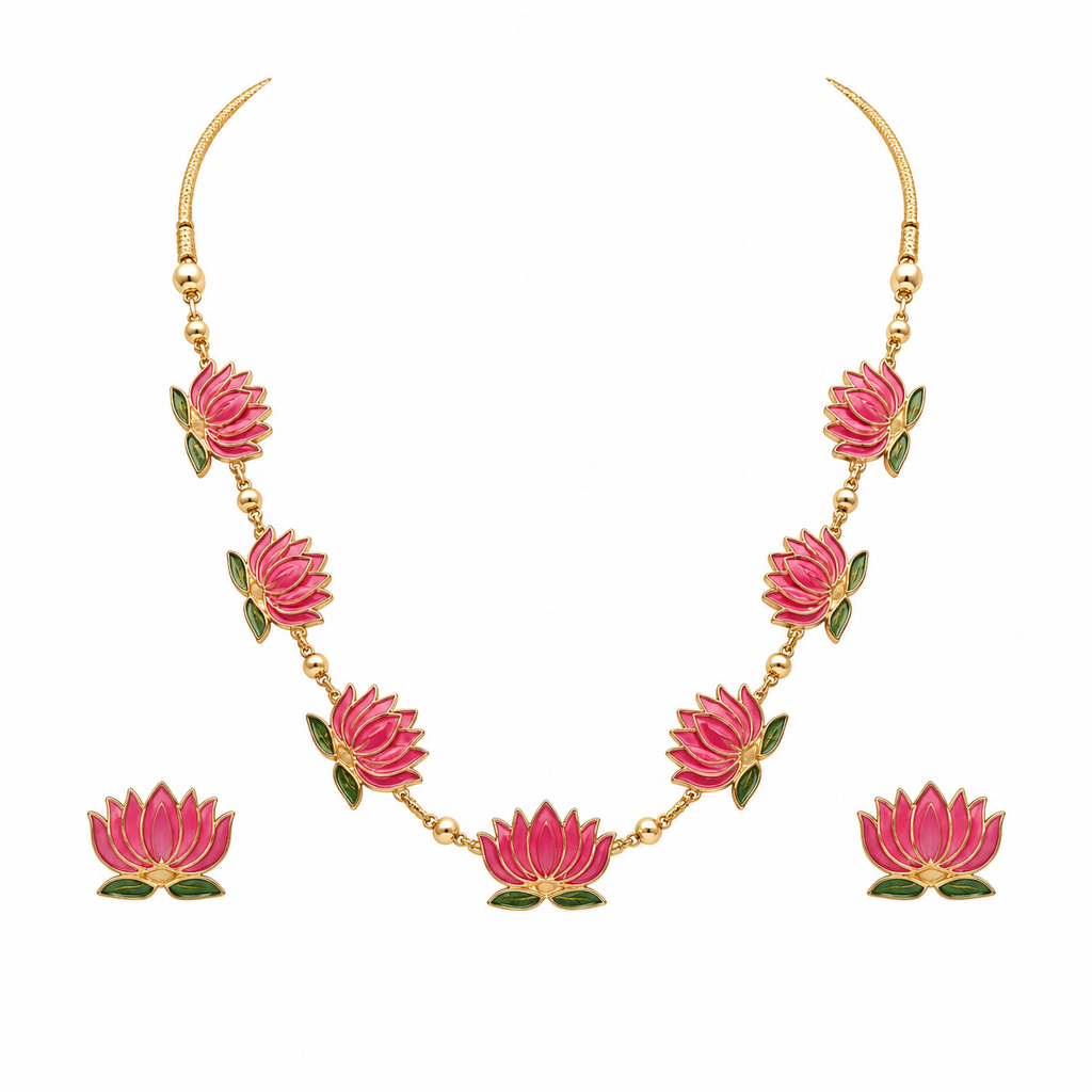 Elegant Lotus Enamel Necklace and Earring Set | Gold-Tone Floral Jewelry