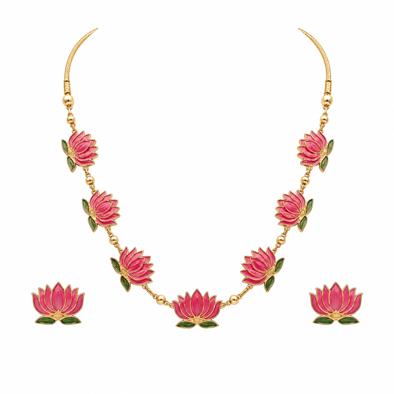Elegant Lotus Enamel Necklace and Earring Set | Gold-Tone Floral Jewelry