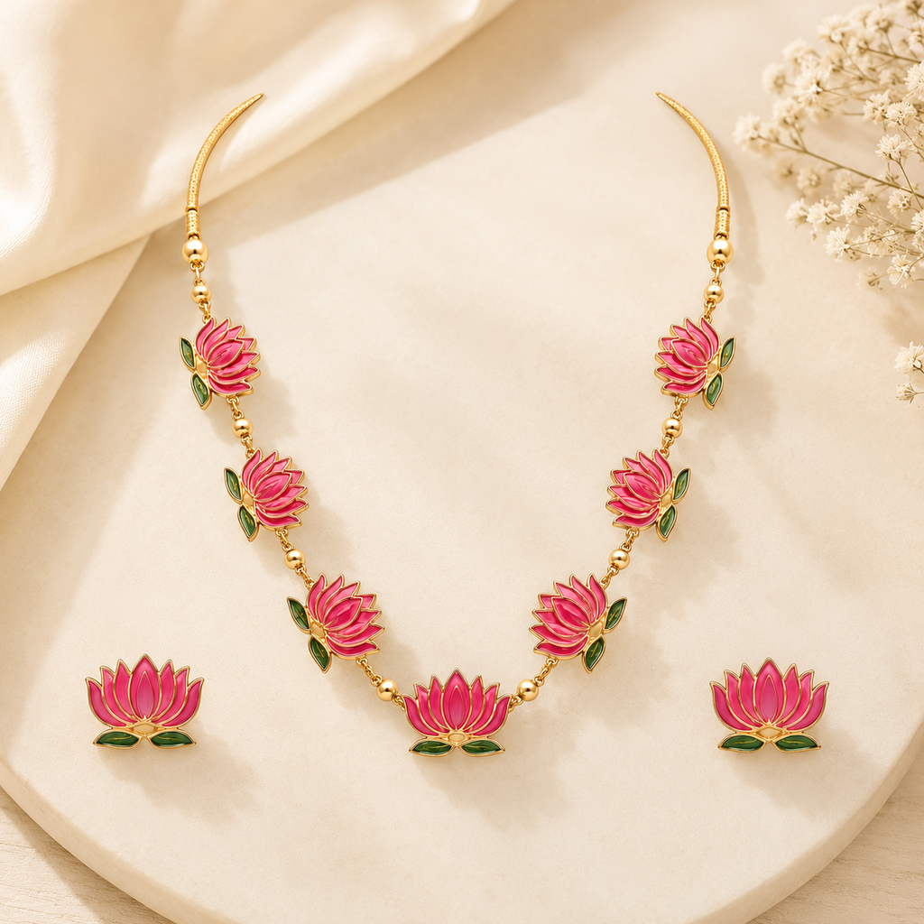 Elegant Lotus Enamel Necklace and Earring Set | Gold-Tone Floral Jewelry
