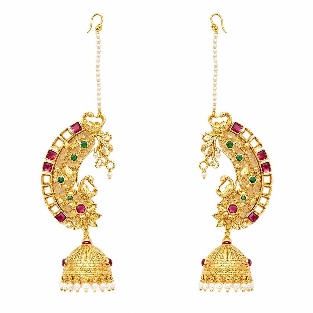 Traditional Gold-Plated Peacock Earcuffs with Jhumki & Pearl Accents | Ethnic Jewelry
