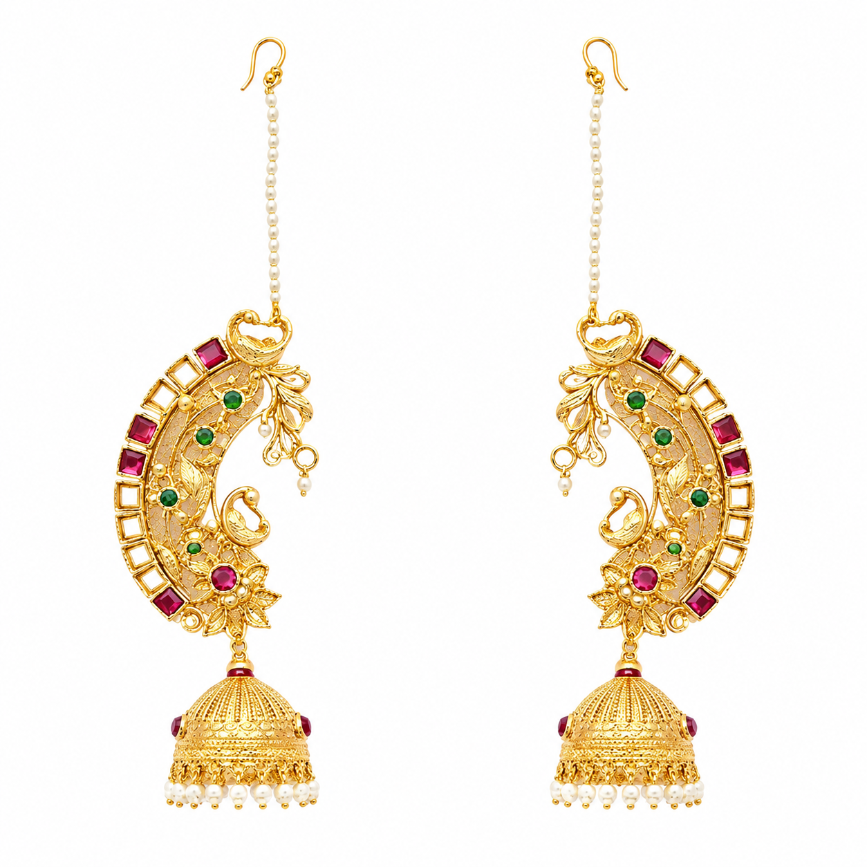 Traditional Gold-Plated Peacock Earcuffs with Jhumki & Pearl Accents | Ethnic Jewelry